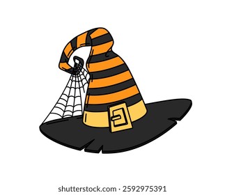 Halloween witch hat with spiderweb for horror holiday party, vector groovy cartoon symbol. Halloween witch hat of spooky hex or evil hag fairy with cobweb, stripes and buckle for spooky holiday symbol