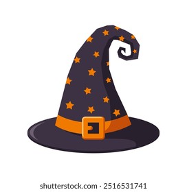 Halloween witch hat with star pattern on it, isolated on white background. Flat vector illustration