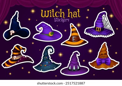 Halloween witch hat stickers pack for horror night holiday, vector cartoon icons. Halloween stickers of witch hats with spooky decorations of skull buckle and star, hat with monster face and spiderweb