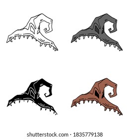 Halloween witch hat with teeth sketch style in four options. Lines filled, colored and mono color