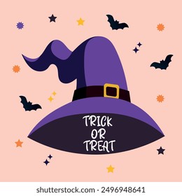 Halloween witch hat with Trick or treat text and Halloween decoration bats and stars. Vector illustration for greeting card, banner, poster, invitation, cover template.