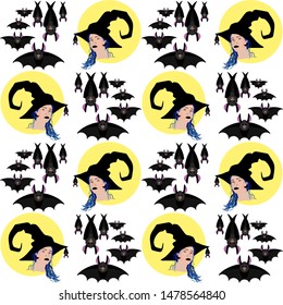Halloween witch in hat and vampire bats seamless vector pattern