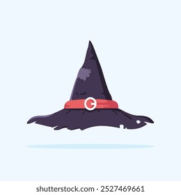 Halloween witch hat vector illustration isolated. Witch hat with red cloth on white background. Design element for Halloween.