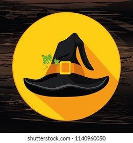 Halloween. Witch hat. Vector on wooden background. Greeting card or invitation for a party and a party.