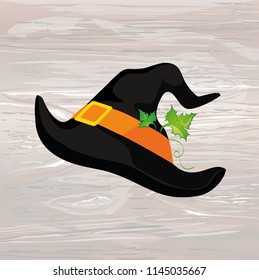 Halloween. Witch hat. Vector on wooden background. Greeting card or invitation for a party and a party.