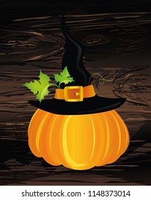 Halloween. Witch hat. Vector on wooden background. Greeting card or invitation for a party and a party.