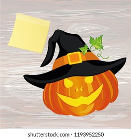 Halloween. Witch hat. Vector on wooden background. Greeting card or invitation for a party and a party. Yellow sheet of paper for notes. Sticker.