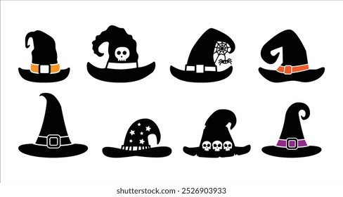 Halloween witch hat. Witches hat vector collection. Witch hat decorated with skull and spiderweb. Vector stock illustration for sticker, wall decor, hanging door decoration.