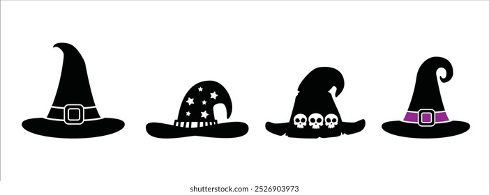 Chapéu de bruxa de Halloween. Coleção de vetores Witches hat. Chapéu de bruxa decorado com crânio. Ilustração de estoque de vetor para adesivo, decoração de parede, decoração de porta pendurada.