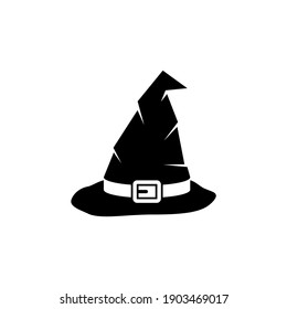 Halloween Witch Hat, Wizard Cone Cap. Flat Vector Icon illustration. Simple black symbol on white background. Halloween Witch Hat, Wizard Cone Cap sign design template for web and mobile UI element