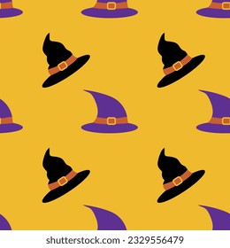 
Halloween witch hat and wizard hat, seamless pattern, vector. Halloween velma hat and wizard hat on yellow background.