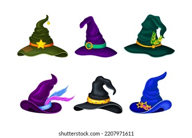 Halloween witch hats with belt set. Magician and wizard headwear cartoon vector illustration