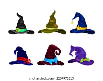 Halloween witch hats with belt set. Pointed magician and wizard hats cartoon vector illustration