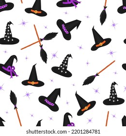 Halloween witch hats and broom seamless pattern