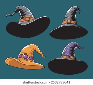 Halloween witch hats. Cartoon wizard spooky decorated hats, Halloween party costume elements flat vector illustrations set.