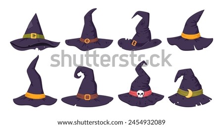 Halloween witch hats. Cartoon wizard spooky decorated hats, Halloween party costume elements flat vector illustrations set. Witchcraft hats collection