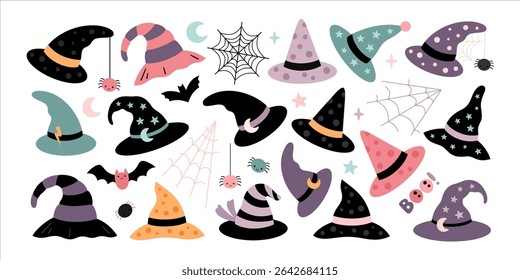 Halloween witch hats clipart set. Cute spooky halloween objects. Happy Halloween hand drawn vector illustration in flat style.