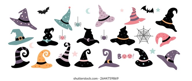 Halloween witch hats clipart set. Cute spooky Halloween objects. Happy Halloween Day, vector illustration in flat style.