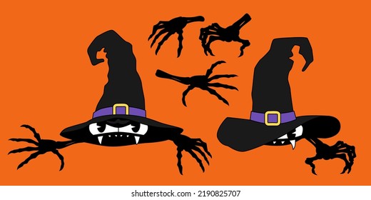 Halloween witch hats with eyes and hands. Vector illustration in trendy comic retro style.