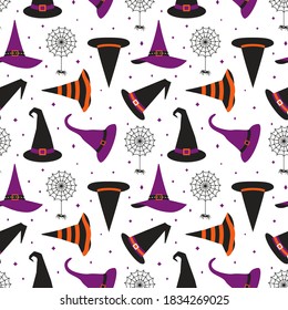 El sombrero de bruja de Halloween luce un patrón vectorial impecable. Cute gorras de asistente, elemento de diseño de dibujos animados en la web de arañas. Símbolo de feriado de Halloween aislado en fondo blanco. Papel de fondo de pantalla divertido para la celebración del 31 de octubre