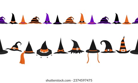 Halloween witch hats fancy seamless border vector pattern. design element symbol set isolated banner background. october