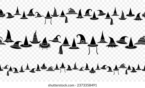 Halloween witch hats fancy silhouette seamless border vector pattern. holiday symbol set isolated element design, flat banner