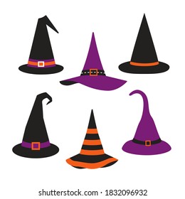 Halloween witch hats flat color vector icon set isolated. Wizard magic cap sign collection cartoon design element. Traditional head wear Halloween celebration party fun holiday background illustration