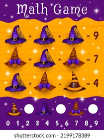 Halloween witch hats. Math game worksheet. Children Halloween mathematical playing activity, addition and subtraction kids puzzle vector worksheet with witch, wizard, sorcerer or mage spooky hats