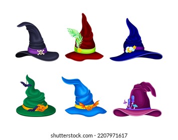 Halloween witch hats set. Colorful pointed magician and wizard hats cartoon vector illustration