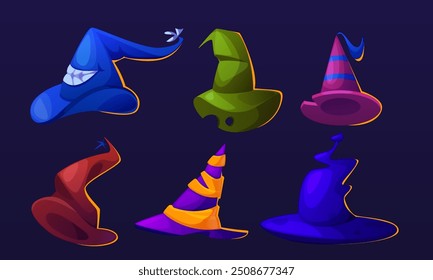 Sombreros de bruja de Halloween aislados sobre fondo. Ilustración de dibujos animados de Vector de accesorios de cabeza de mago decorados con dientes aterradores, rayas de color, elemento de disfraz de brujo espeluznante, diseño de traje de Merlin