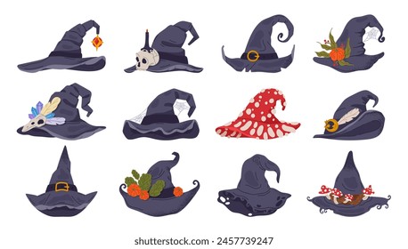 Halloween witch hats. Wizard pointy hats, october party, trick or treat magic costume elements, spooky decorated hats flat vector illustration set. Creepy magician hats collection