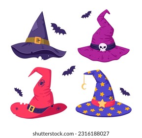 Halloween witch hats. Wizard spooky decorated hats, halloween party costume elements. Flat vector illustrations set