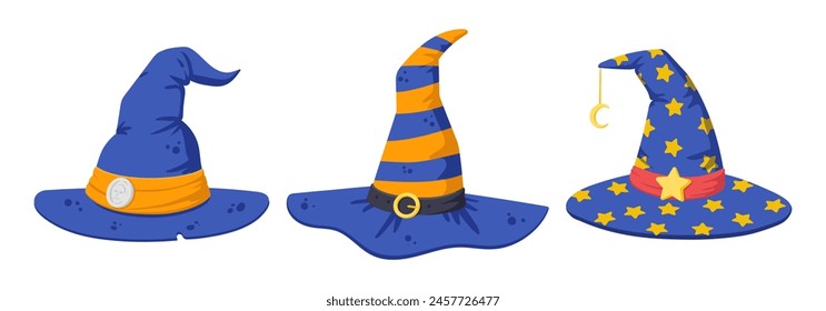 Halloween witch hats. Wizard spooky blue hats, Halloween colorful party costume elements flat vector illustrations set. Cartoon witchcraft hats collection on white