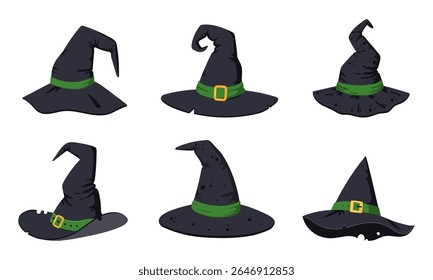 Halloween witch hats. Halloween wizard spooky textile hats, party costume elements flat vector illustrations set. Cartoon witchcraft hats collection