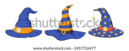 Halloween witch hats. Wizard spooky blue hats, Halloween colorful party costume elements flat vector illustrations set. Cartoon witchcraft hats collection on white