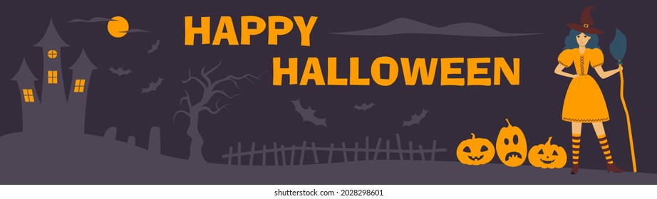Halloween, witch, haunted house, full moon, pumpkins and bats, tree, happy halloween, vector image, background.
