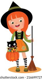 Halloween Witch and her cat on a white background vector illustration