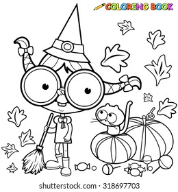 Halloween witch and her cat sweeping pumpkin leaves with her broom. Vector black and white coloring page.