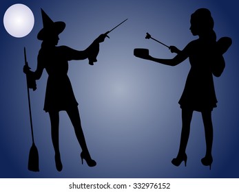 Halloween Witch holding magical wand and dreamy fairy girl 