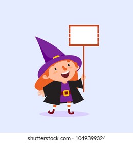 Halloween Witch holding a poster with place for text in hand Girl in witch costume Funny character Isolated element from the set for festive design and advertising Vector illustration