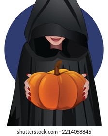 Halloween Witch Holding Pumpkin Vector Illustration