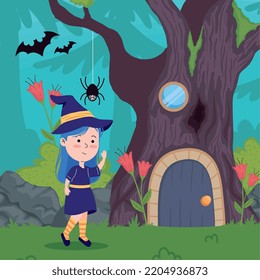 halloween witch with home tree