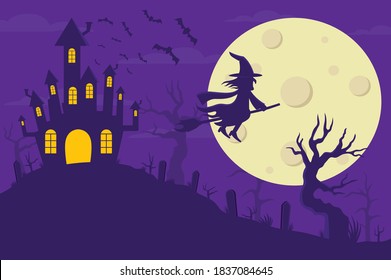 Halloween witch and house background. The background of the witch flew out of the house followed by the bats