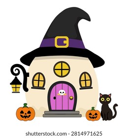 Halloween witch house with black cat and pumpkin decorations, spooky festive design