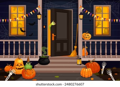 Porche de la puerta de la casa de brujas de Halloween con fantasmas, escoba y calabazas. Fondo de Vector de porche de la casa de Halloween con linterna Jack o, rana en sombrero de bruja, poción en caldero, fantasmas y monstruo detrás de la puerta