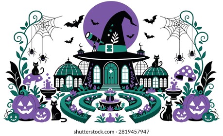 Halloween witch house with pumpkins, black cats, bats, spider webs, and magic garden, flat vector illustration