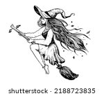 Halloween witch illustration. Girl flying on broomstick. Hand drawn vector illustration. Young woman on broom sketch. Halloween young witch.