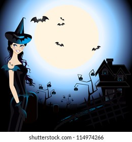 Halloween Witch : An illustration of halloween witch in a graveyard under the moonlight.