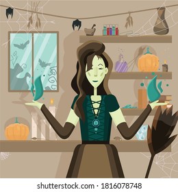 Halloween witch illustration. witch house