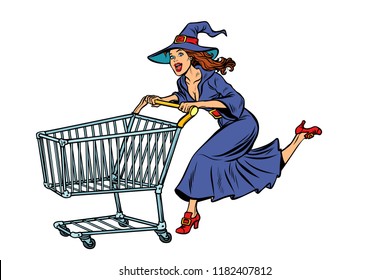 Halloween witch. isolate on white background. shopping cart trolley sale. Pop art retro vector illustration vintage kitsch